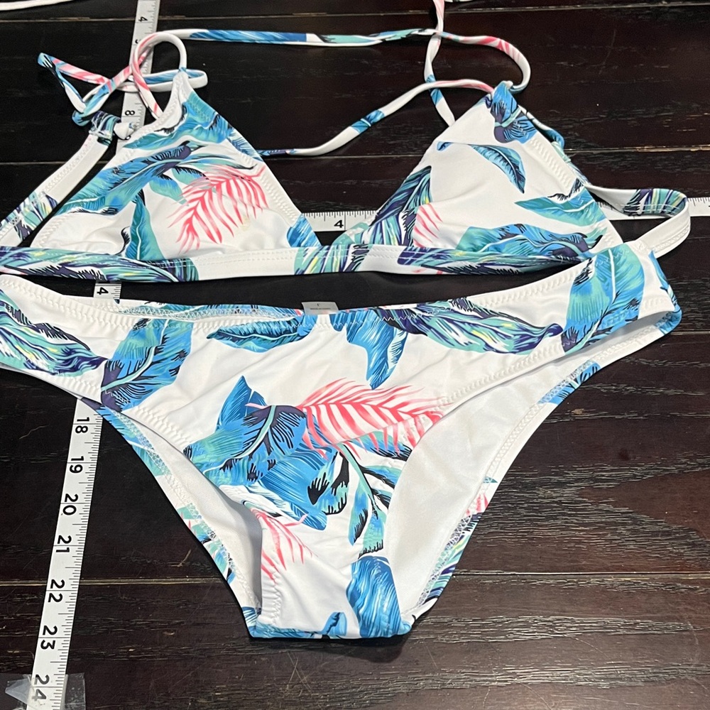 Only Blue and Pink Leaf Print Bikini nwot